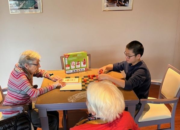 Partie de jeu entre un jeune garçon et une dame âgée