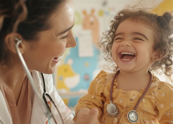 Une médecin auscultant une jeune enfant qui rie aux éclats