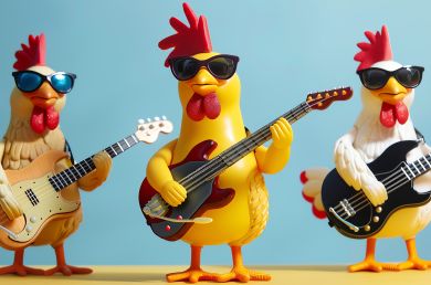 jouet en plastique de poule jouant de la guitar