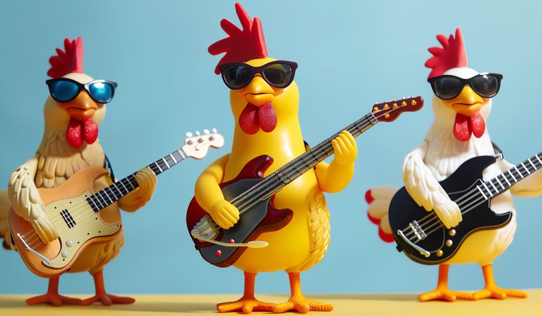 jouet en plastique de poule jouant de la guitar