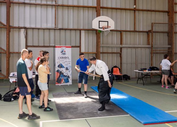 Défi sport : un groupe regarde une démonstration AIKIDO